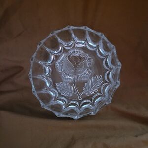 Vtg. Etched Glass Flower Floral 6.5" Candy Dish